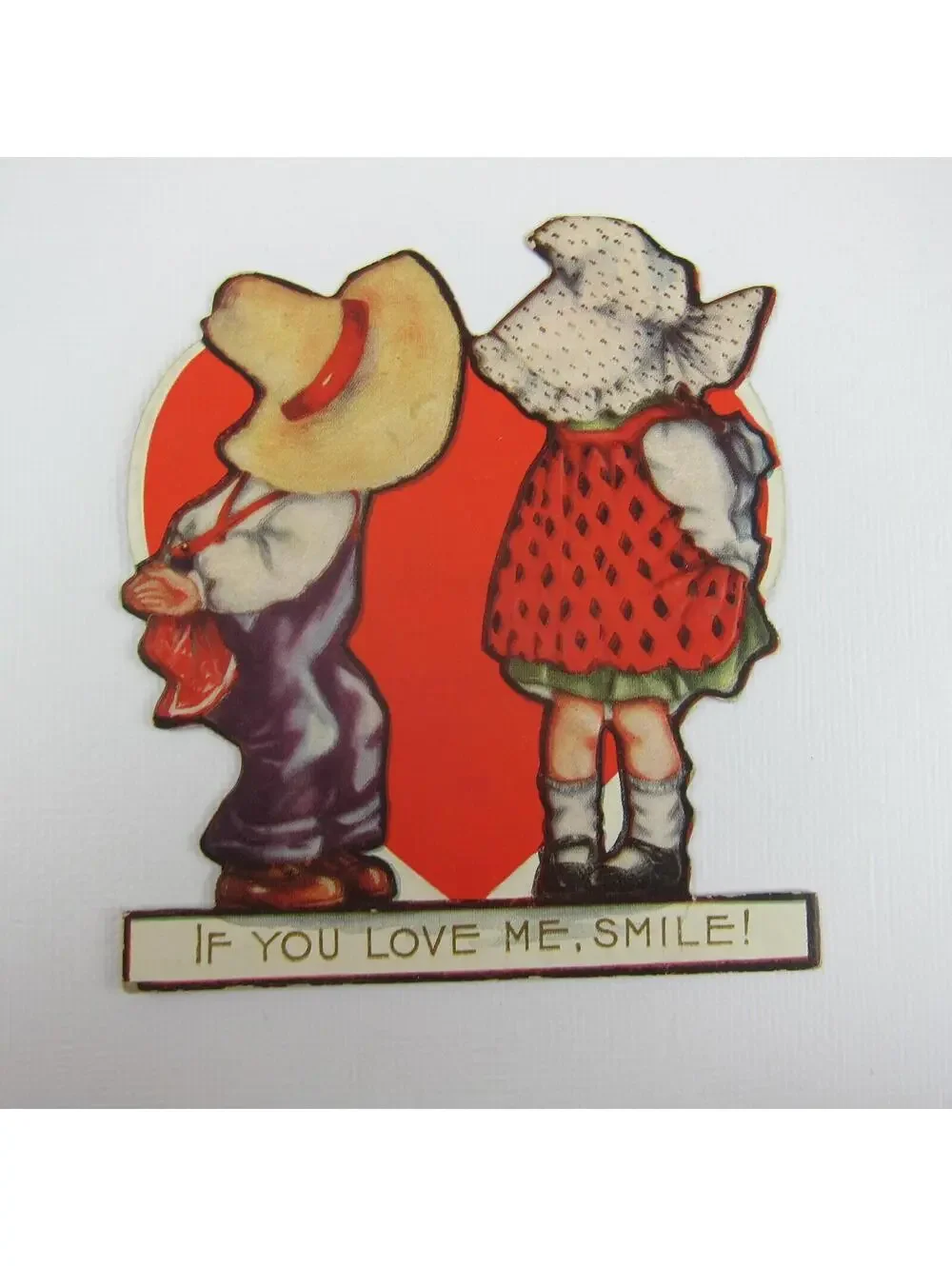 Vintage Valentine Card Die Cut Stand Up Boy Straw Hat & Girl Bonnet UNSIGNED